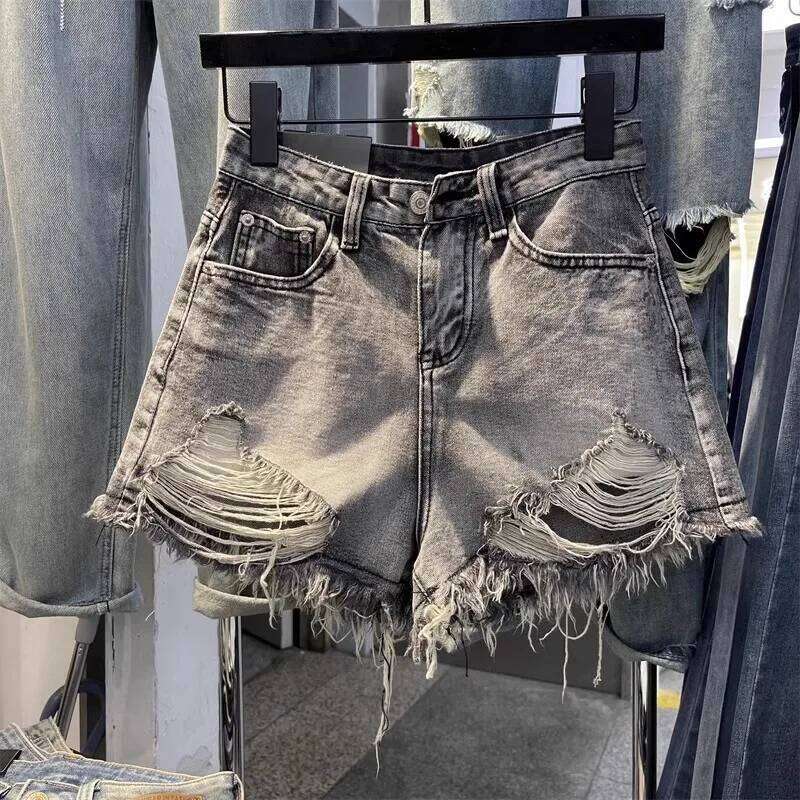 2026 New Black Grey Perforated Ragged Jeans Women High Waist Y2k Hole Ripped Tassel Booty Shorts XJ260206