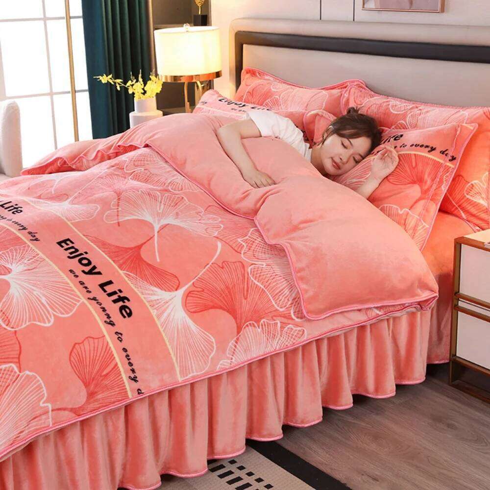 Class A Milk Bedding Sets Double-Sided Thicken Four-Piece Set Light Luxury Winter Warm Coral Velvet Quilt Cover Bed Skirt XJ260206