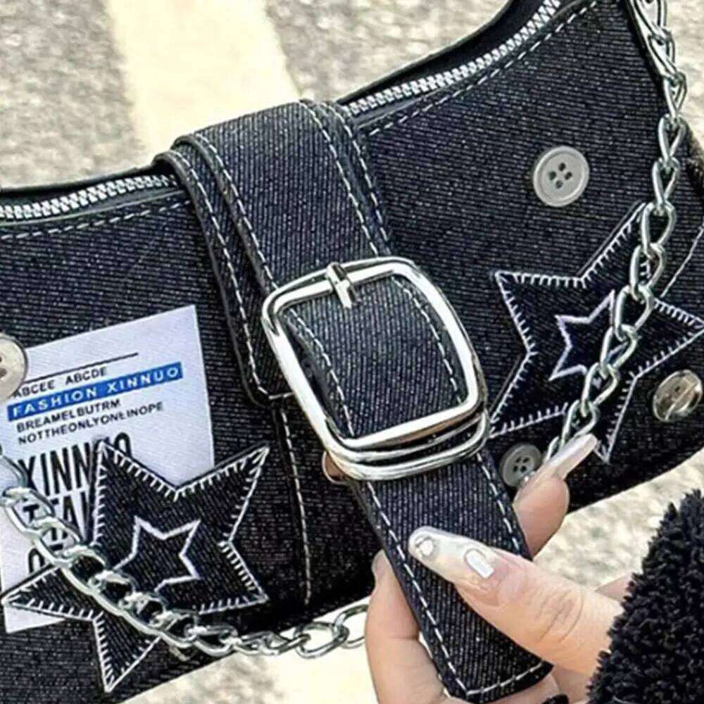 Y2K Star Embroidery Denim Shoulder Millennium Cowboy Underarm Purse, Button Decor Small Crossbody Bag, Cute Canvas Handbag Z260207 - view 5