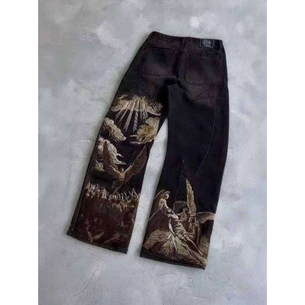 American loose personalized bat pattern print Y2K lazy jeans casual straight pants Harajuku retro street wear X260207