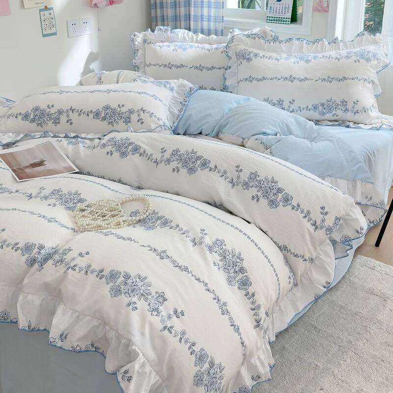 4pcs Korean lace Duvet 1*Duvet Cover +1 flat sheet + 2*Pillowcase, Without Core, Fresh Flower Print Bedding Set XJ260206