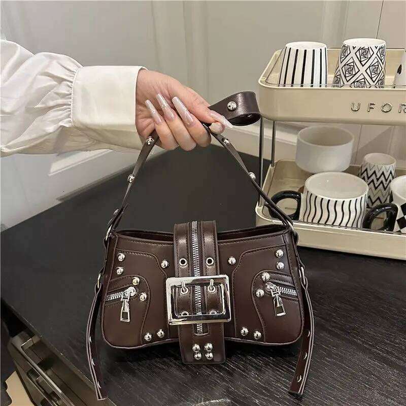 American Retro Punk Metal Belt Y2k Rivets Shoulder Underarm Tote Wallet Storage Bag Women's Bags Y260205