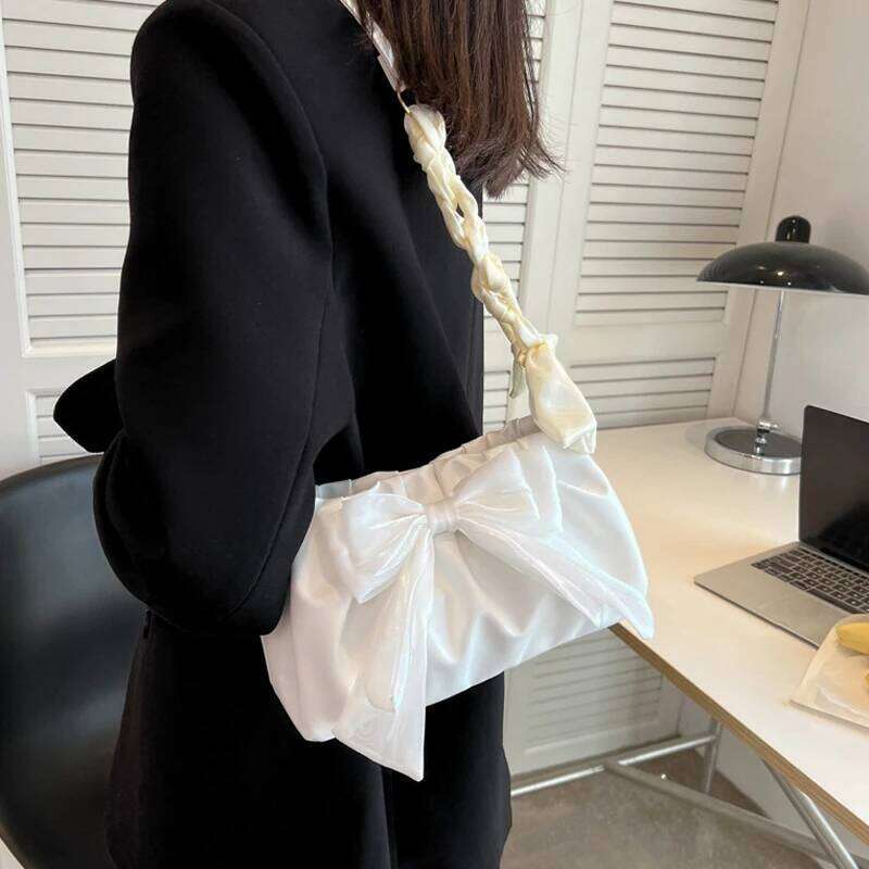 Lovely Bow Handbags Girls Ladies Fashion Pleated Shoulder Bags for Women Simple Design Female Underarm Bag Casual Tote Purse Z260207 - view 3