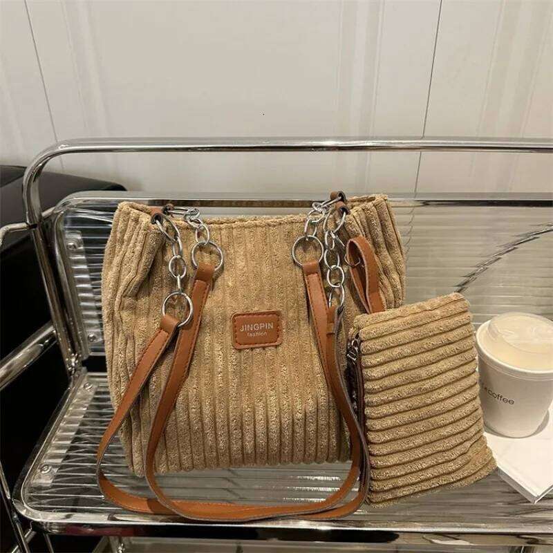 Corduroy Handbag Shoulder Casual Large Capacity Tote Bag with Mini Pouch, Versatile Underarm Bags for Daily Commute Outfits Y260205