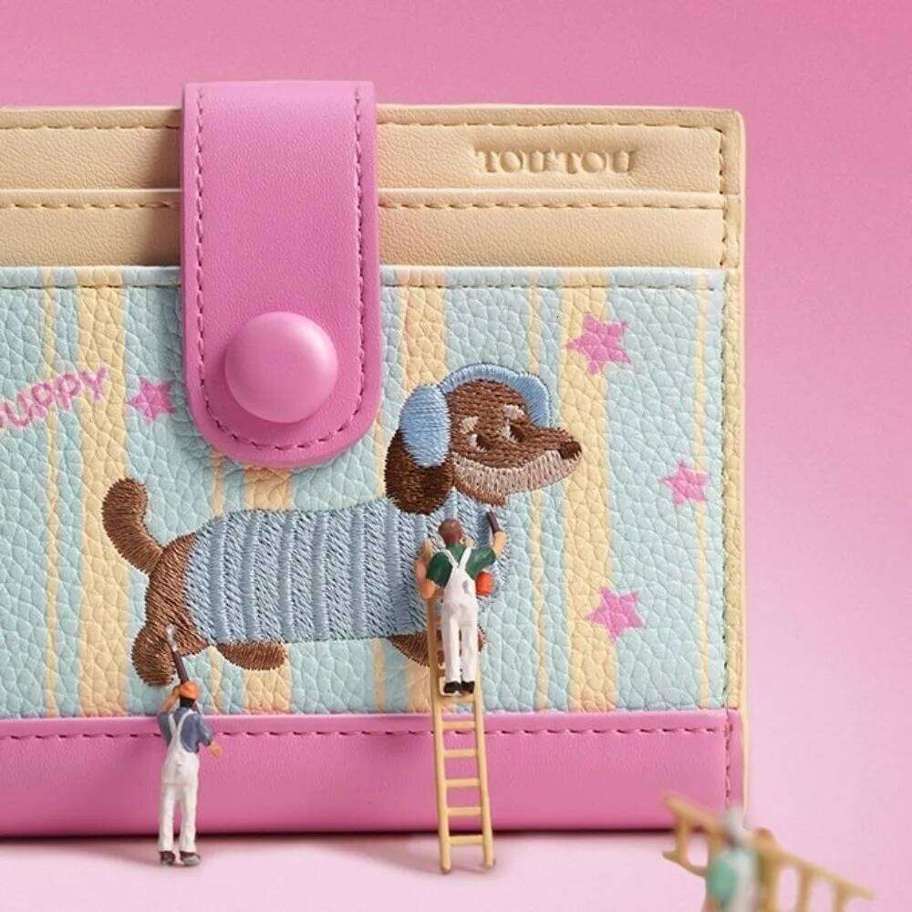 Ins Dachshund Embroidery Short Wallet Dopamine Color Zipper Card Bag PU Cartoon Dog Coin Purse Women Girl Y260206