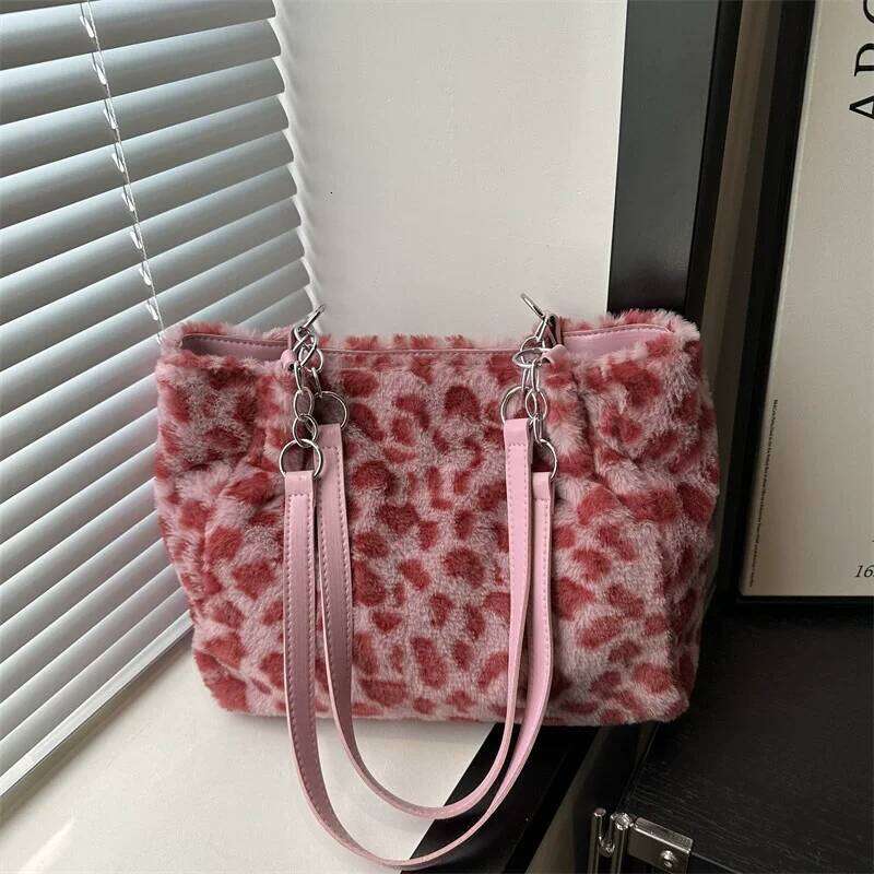 Vintage Leopard Ladies Plush Tote Bags Large Capacity Portable Women's Faux Fur Shoulder Bag Furry Casual College Girls Handbags Z260207 - view 3