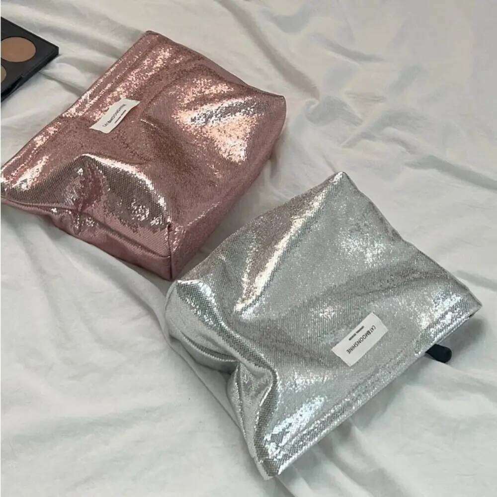 Portable Shiny Sequins Makeup Silver Solid Color Cosmetic Champagne Toiletries Skincare Storage Bag Travel Y260206