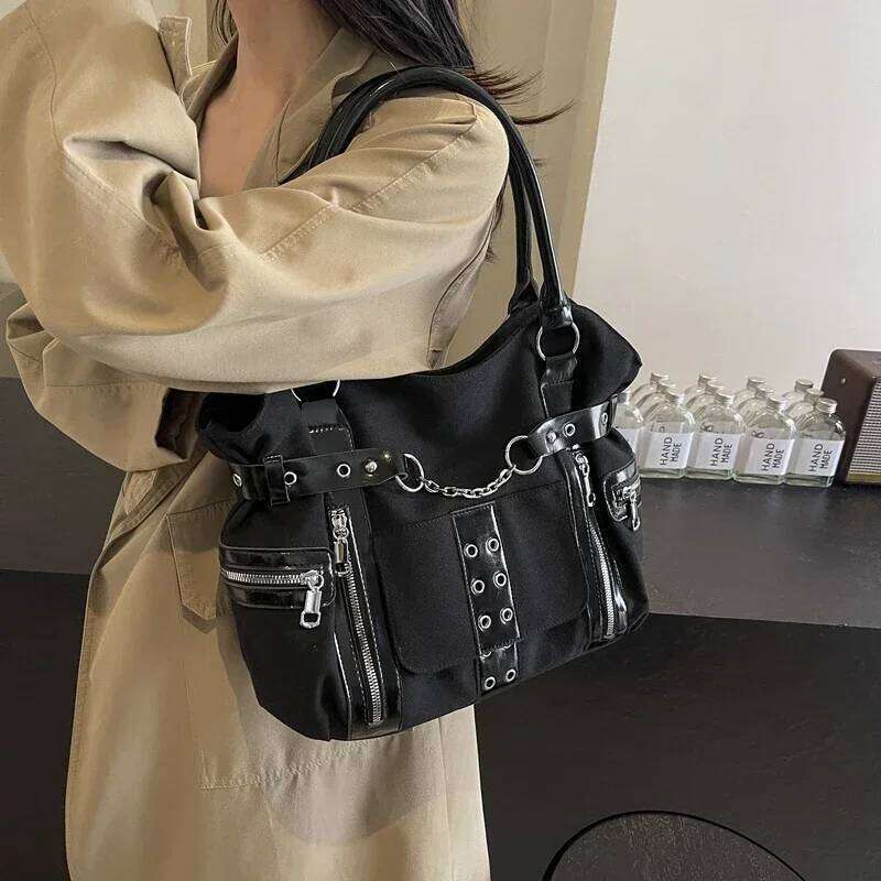 Fashion Trend Grid Gothic Punk Large Capacity Tote Bag2025Canvas Casual Commuter Versatile Shoulder Bag Bolsa De Un Hombro Mujer Y260205