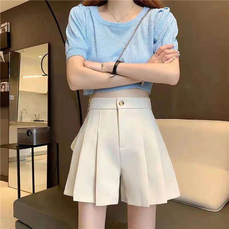 Korean Fashion Simple Sweet High Waist Casual Suit Shorts Women Solid Button Zipper Barrel Pleated Big Size Wide Leg Short Pants XJ260206