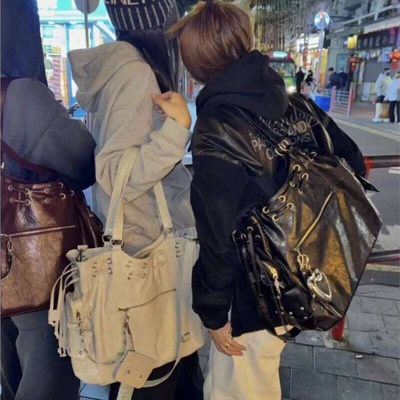High Street Rivet Large Capacity Tote Bag Purse Women Retro Pocket Pu Leather Y2k Handbag Ladies Harajuku Casual Crossbody Bags Y260205