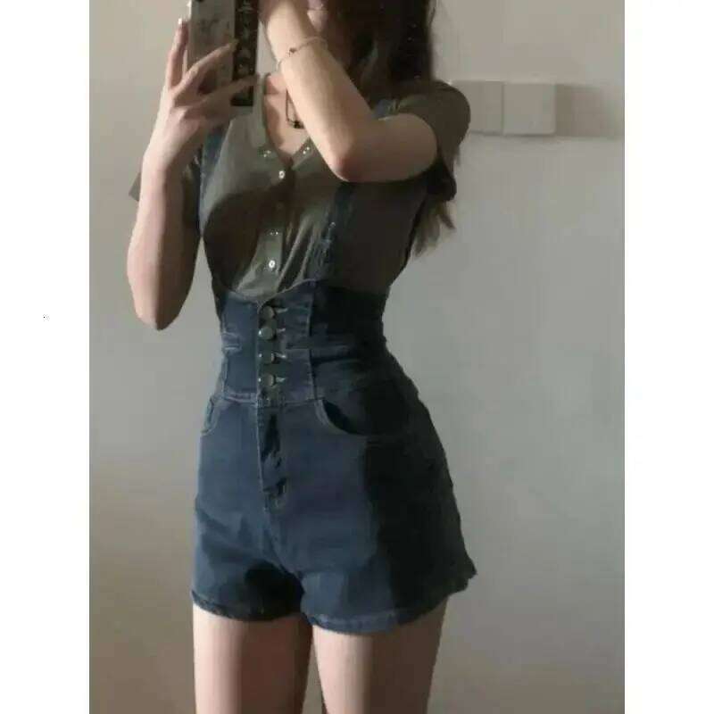 Retro Denim for Women Summer Thin High Elastic Salt Overalls Slim Wide Leg Shorts XJ260206