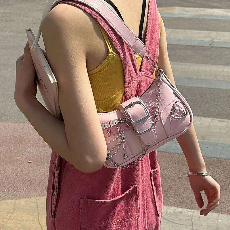 Vintage Korean Casual Cute Pink Star Shoulder Underarm Tote Bag Ladies Sling Bags Leather Zip Purses Women Chain Y2k Handbag New Z260207 - view 7