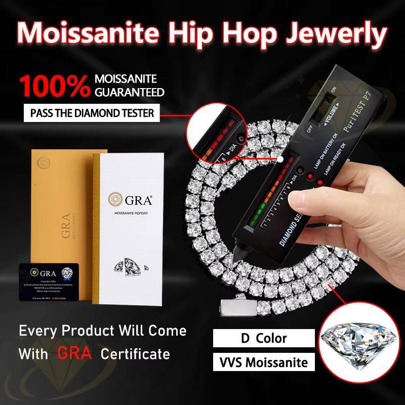 Hip Hop Fine Jewelry White Gold 925 Sterling Silver VVS Moissanite Diamond Cluster Tennis Chain Bracelet Necklace With GRA