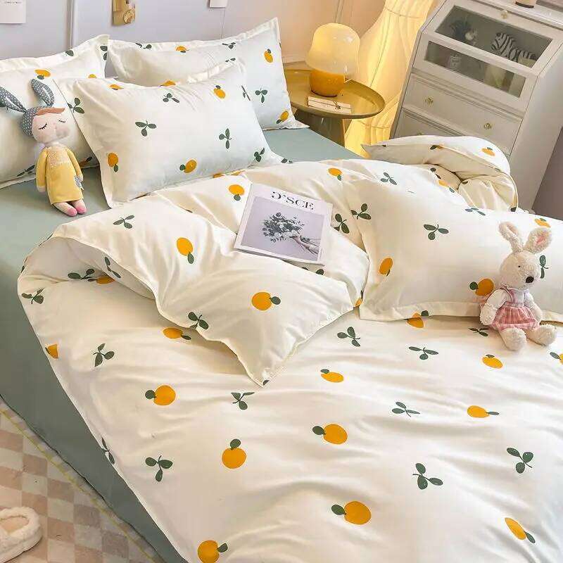 Ins Style Duvet Cover Set with Flat Sheet Pillowcases Cute Orange Cherry Crow Printed Single Double Queen Size Girls Bedding Kit XJ260206
