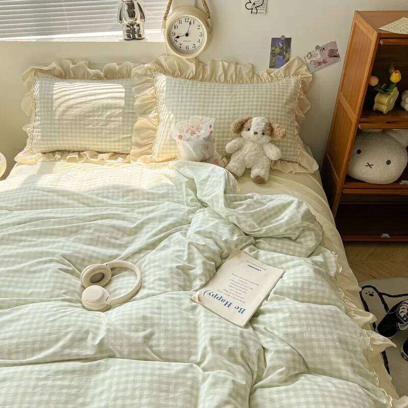Korean Grid Printed Bedding Set with Lace Washed Cotton Skin Friendly Cozy Comforter Cover Sets Single Double Queen Bedclothes XJ260206