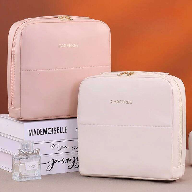 Portable Waterproof Cosmetic Bag Women Stylish Cream Color Makeup Case with Zipper, Transparent Mesh Compartment for Travel Y260206