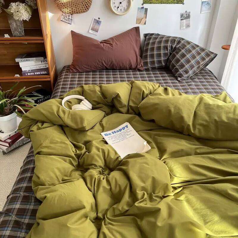 Bedding Ins Ambiance Blue Coffee Grid Mixed Washed Cotton Minimalist Flat&Fitted Sheets Duvet Cover Set With Pillowcase XJ260206