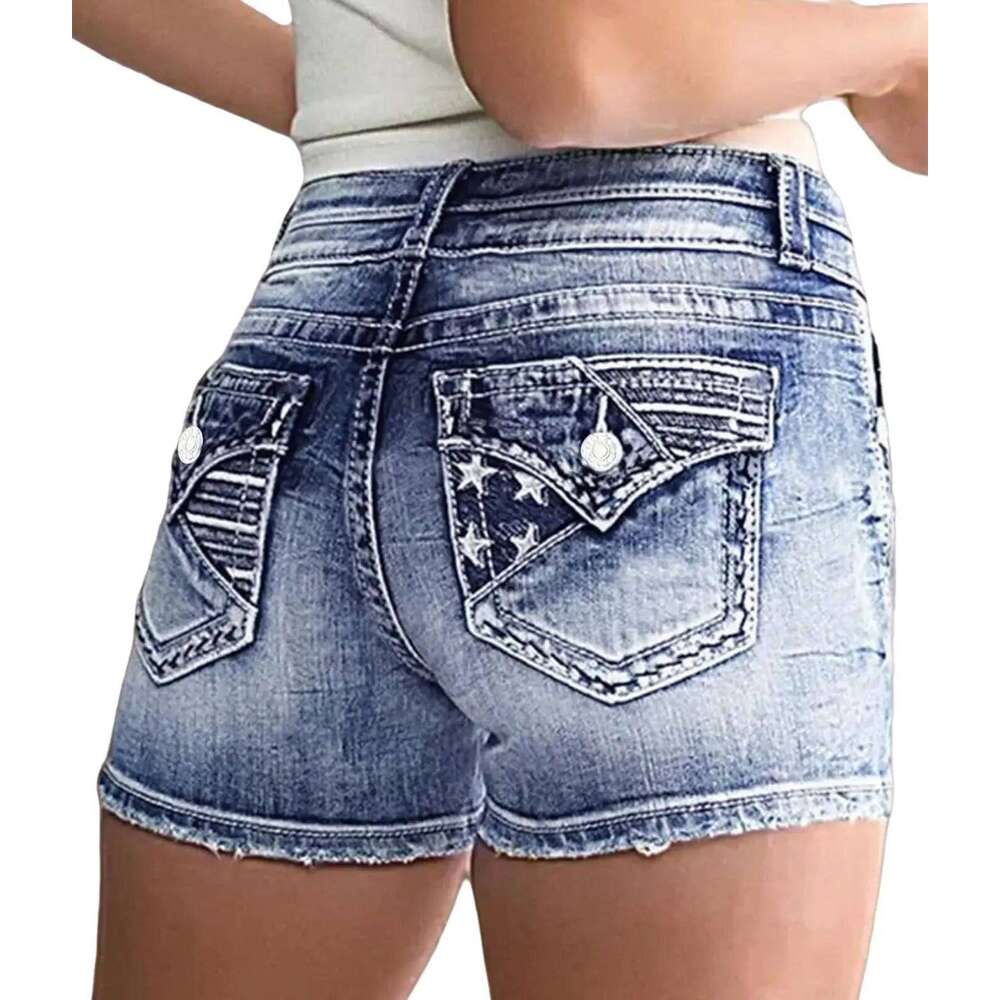 Women Casual High Waisted Denim Frayed Raw Hem Ripped Jeans Shorts XJ260206