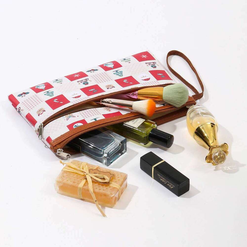 Large Korean style zipper PU makeup bag Fashionable printed women's handbag Portable key waterproof coin purse Y260206