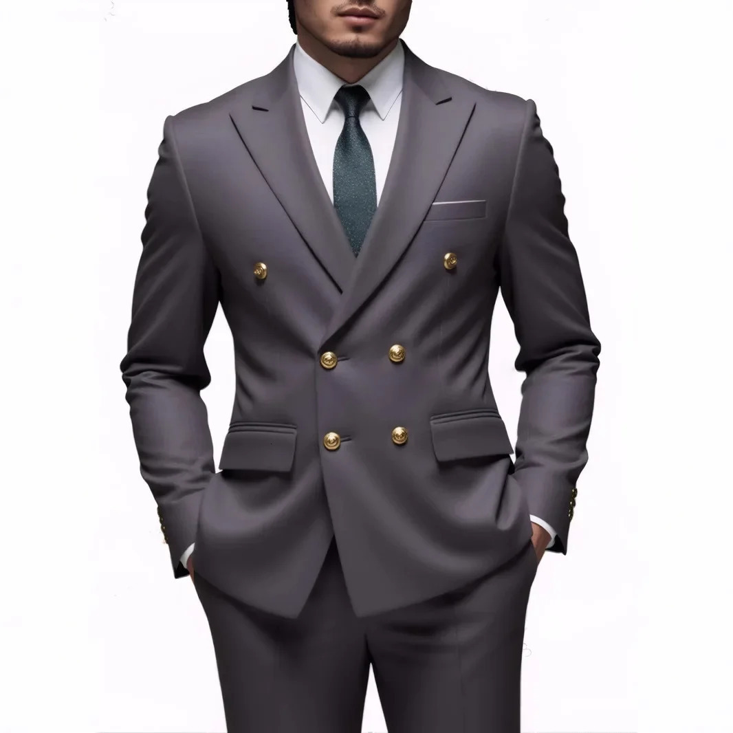 Men Double Breasted Suit Black Slim Fit High Quality Wedding Costume Party Prom Gold Button Male Suits 260126