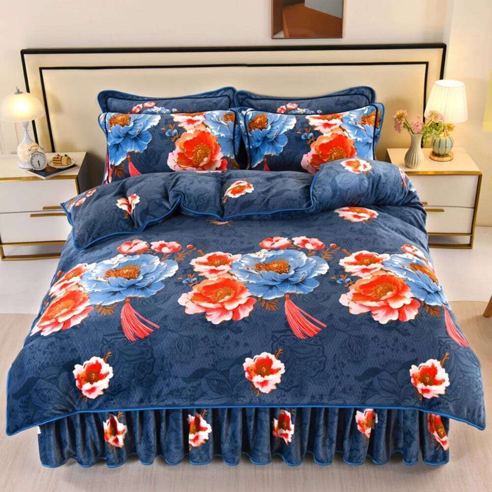 Winter Warm Coral Bedding Sets Double-Sided Thickened Class A Four-Piece Set Home Quilt Cover Sheet Milk Velvet Bed Skirt XJ260206