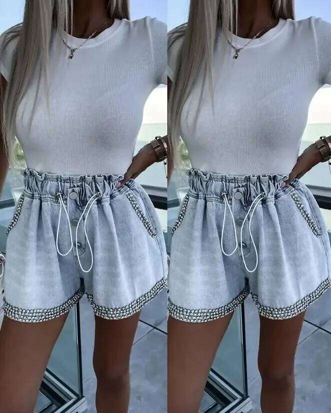 New Fashion 2023 Summer Casual Bottom Rhinestone Pocket Design Denim High Waist Shorts Female Clothing Outfits XJ260206