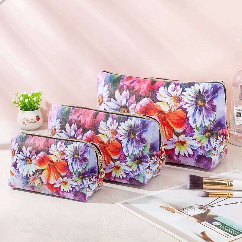 Oil painting style waterproof PU cosmetic Fashionable large capacity portable storage Multi functional makeup bag Y260206