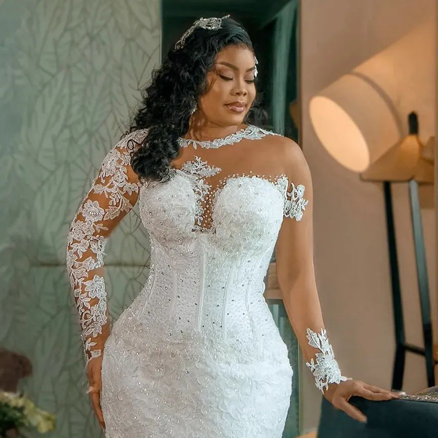 Mermaid Dresses Bridal Gowns With Detachable Train Plus Size Illusion Long Sleeves Beaded Lace Wedding Gown for African Black Women Bride O19