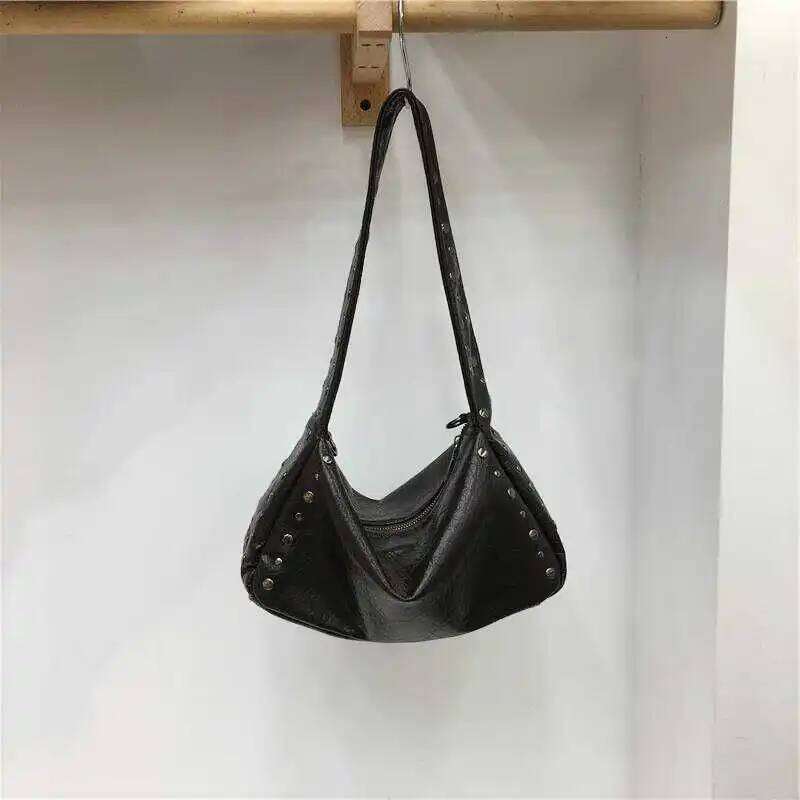 Punk Style Rivet Design Soft Leather Underarm Bags Women Solid Color Casual Shoulder Bag Large Capacity Lady Handbags Y260205