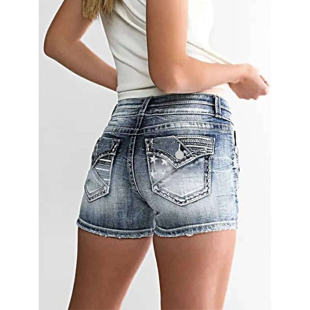Women Casual High Waisted Denim Frayed Raw Hem Ripped Jeans Shorts XJ260206