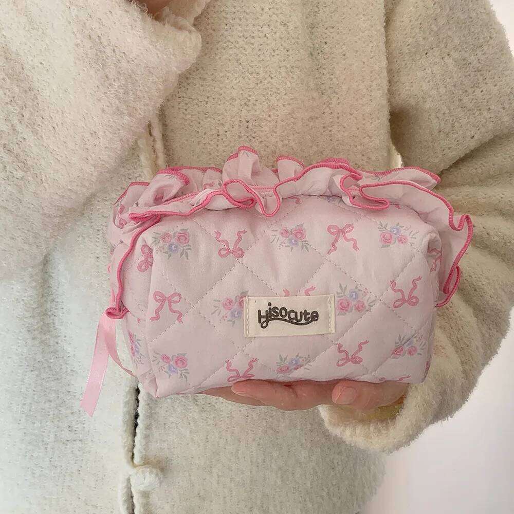 Pink Women Lace Mini Makeup Bag Travel Organizer Cosmetic Coins Handbag Pouch Gilrs Cute Bow Square Zipper Wallet Bags Gift Y260206