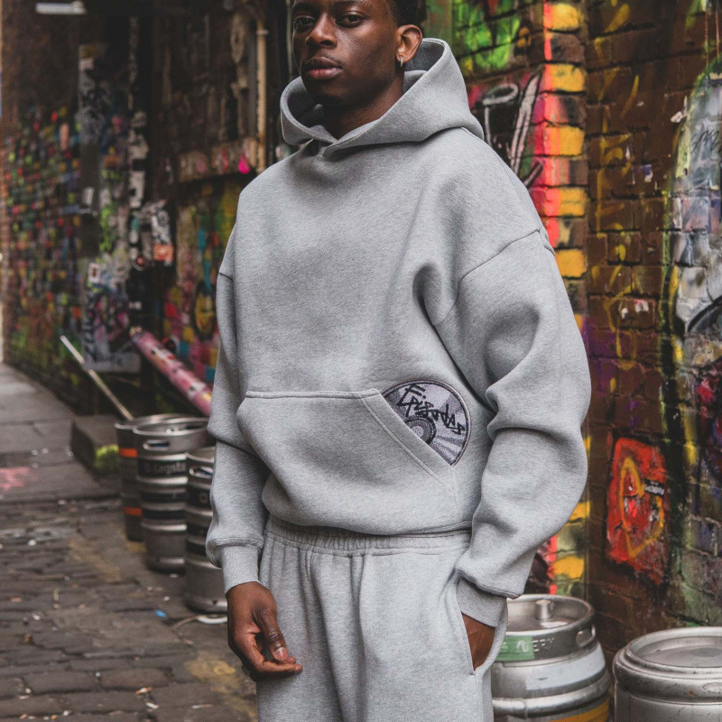 American Street Style Personality CD Pattern Pocket Design Hoodie and Sweatpants Set Y2K Trend 241031