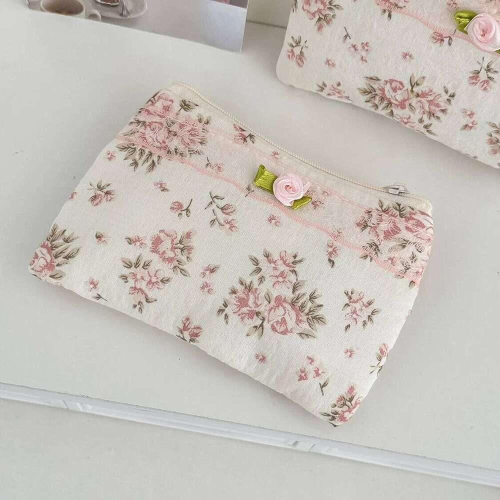 Pink Flower Women Small Makeup Bag Travel Organizer Cosmetic Coins Handbag Pouch Gilrs Cute Bow Square Zipper Wallet Bags Y260206