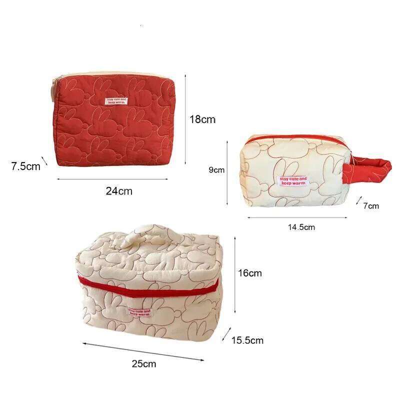 Cute Women Portable Rabbit Quilted Cotton Cosmetic Bag Handbag Lady Tote Makeup Pouch Travel Organizer Storage Bags With Zipper Y260206
