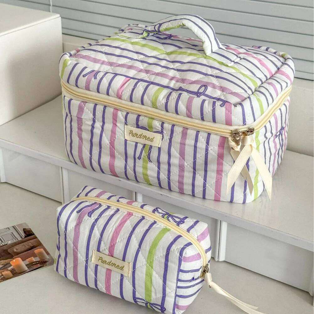 Personality Stripe Bowknot Women Cosmetic Portable Simple Quilting Bag Pouch Travel Large Capacity Makeup Storage Handbag Y260206