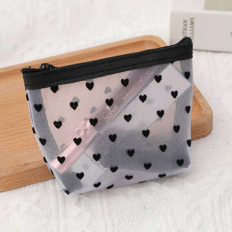 New Transparent Heart Mesh Makeup Portable Nylon Women Make Up Tool Storage Pouch Travel Organizer Cosmetic Clear Zipper Bag Y260206
