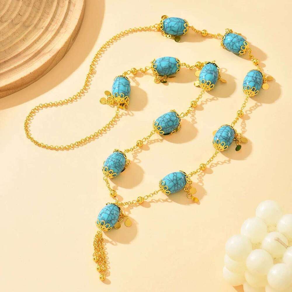 A Blue Oval Pendant Necklace With Ethnic Style Suitable For Formal Banquet Beach Party Or Wedding Dress Yuansiqi