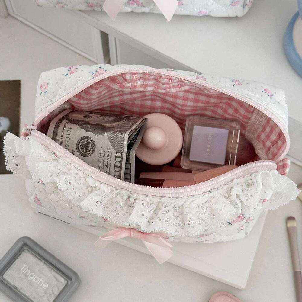Pink Flower Women Lace Small Makeup Bag Travel Organizer Cosmetic Coins Handbag Pouch Gilrs Cute Bow Square Zipper Wallet Bags Y260206