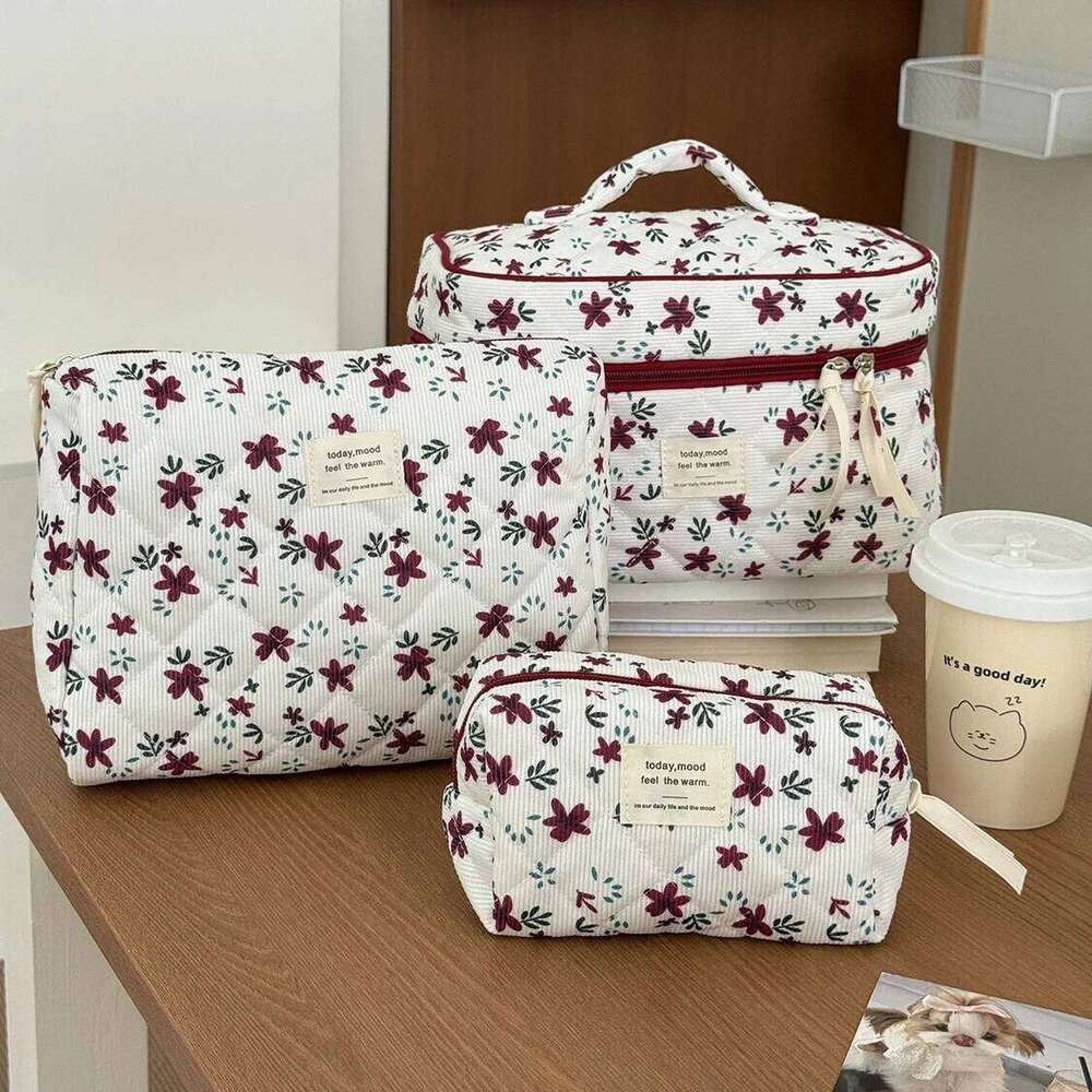 3 Set Red Floral Tote Women's Large Capacity Cosmetic Storage Clutch Ladies Corduroy Pouch Makeup Bag Y260206