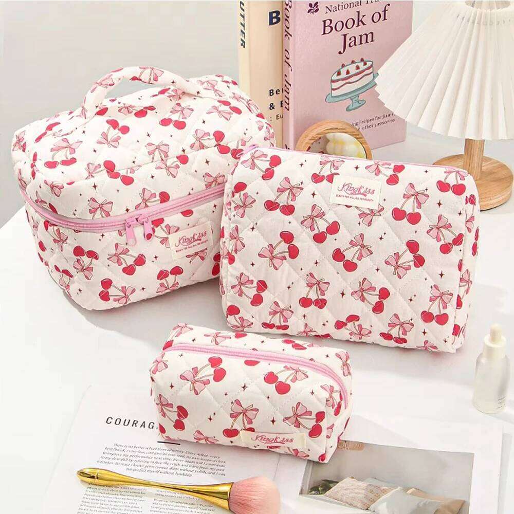 Fashion Cherry And Bow Pattern Large Capacity Heart Travel Cosmetic Storage Bag Zipper Makeup Organizer Pouch Y260206