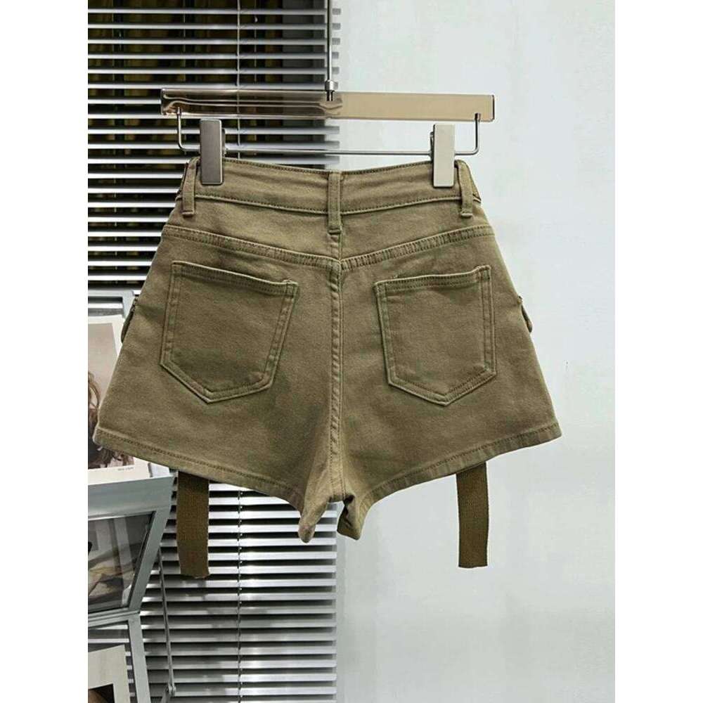 Large Pocket Denim Shorts Women's Elastic Slim 2024 New Spring/Summer High Waisted Short Cargo Cool Girls Hot Jeans Pants XJ260206