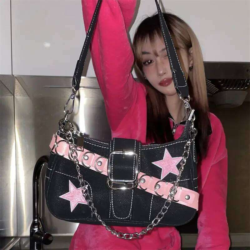 Ladies Y2k French Star Shoulder Pink Cool Hottie Underarm Fashion Hand Sweet Style Kawaii Small Bag Y260205
