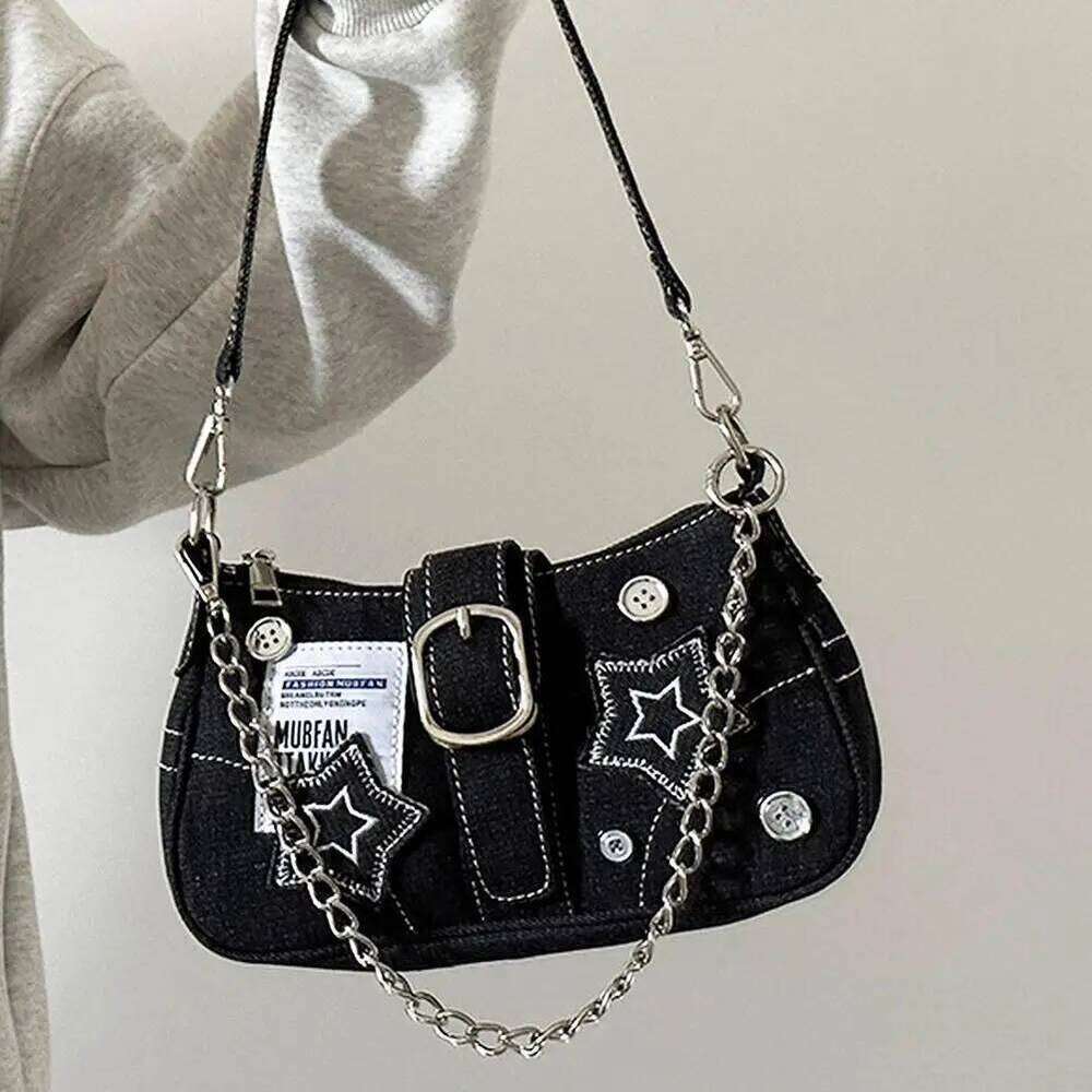 Y2K Denim Handbag Women Retro Star Pattern Underarm Rivet Armpit Purse Crossbody Bag for Cool Girls Y260205