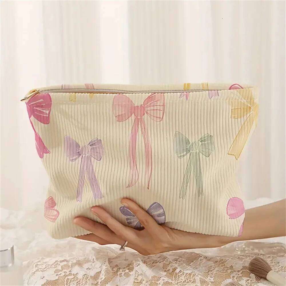 Fashion Colorful Bow Printed Corduroy Cosmetic Women Toiletry Makeup Pouch Handbag Travel Organizer Make Up Storage Bag Y260206