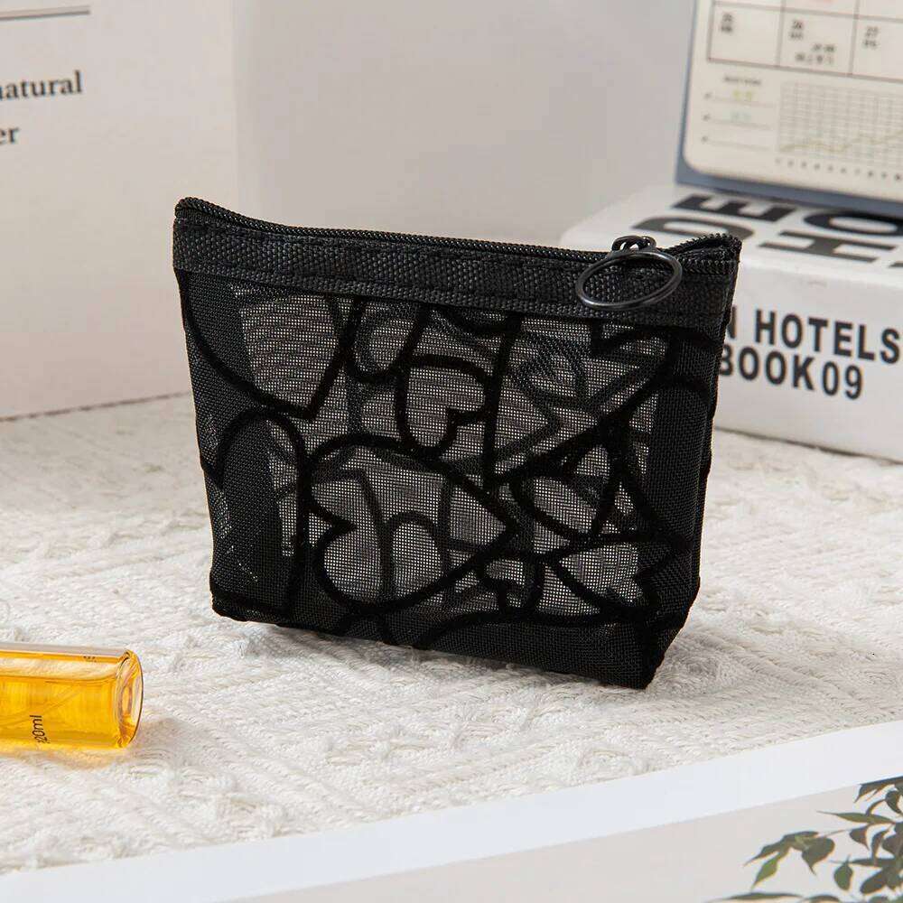 1Pc Fashion Heart Transparent Women Cosmetic Mini Portable Makeup Lipsticks Storage Pouch Handbag Mesh Nylon Zipper Bag Y260206