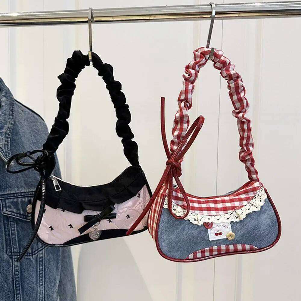 Fashion Grid Women Lace Ribbon Stretchable Strap Single Shoulder Underarm Bag Daily Commuting Student Handbag Y260205