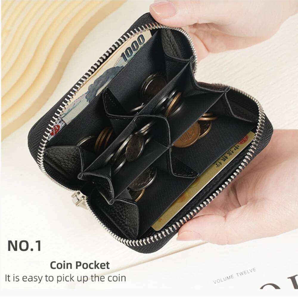 Genuine Leather Coin RFID Blocking Short Wallet for Men Women Zipper Anti theft Wallets Lychee Pattern Purse Money Bag Y260206