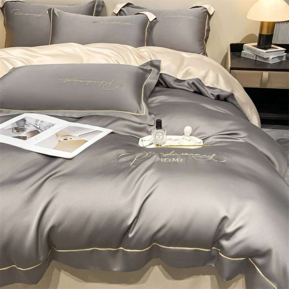 Light Luxury Ice Silk Four-Piece Silky Skin-friendly Sleeping Naked Summer Cool Duvet Cover Bed Sheet Pillowcase Bedding Set XJ260206