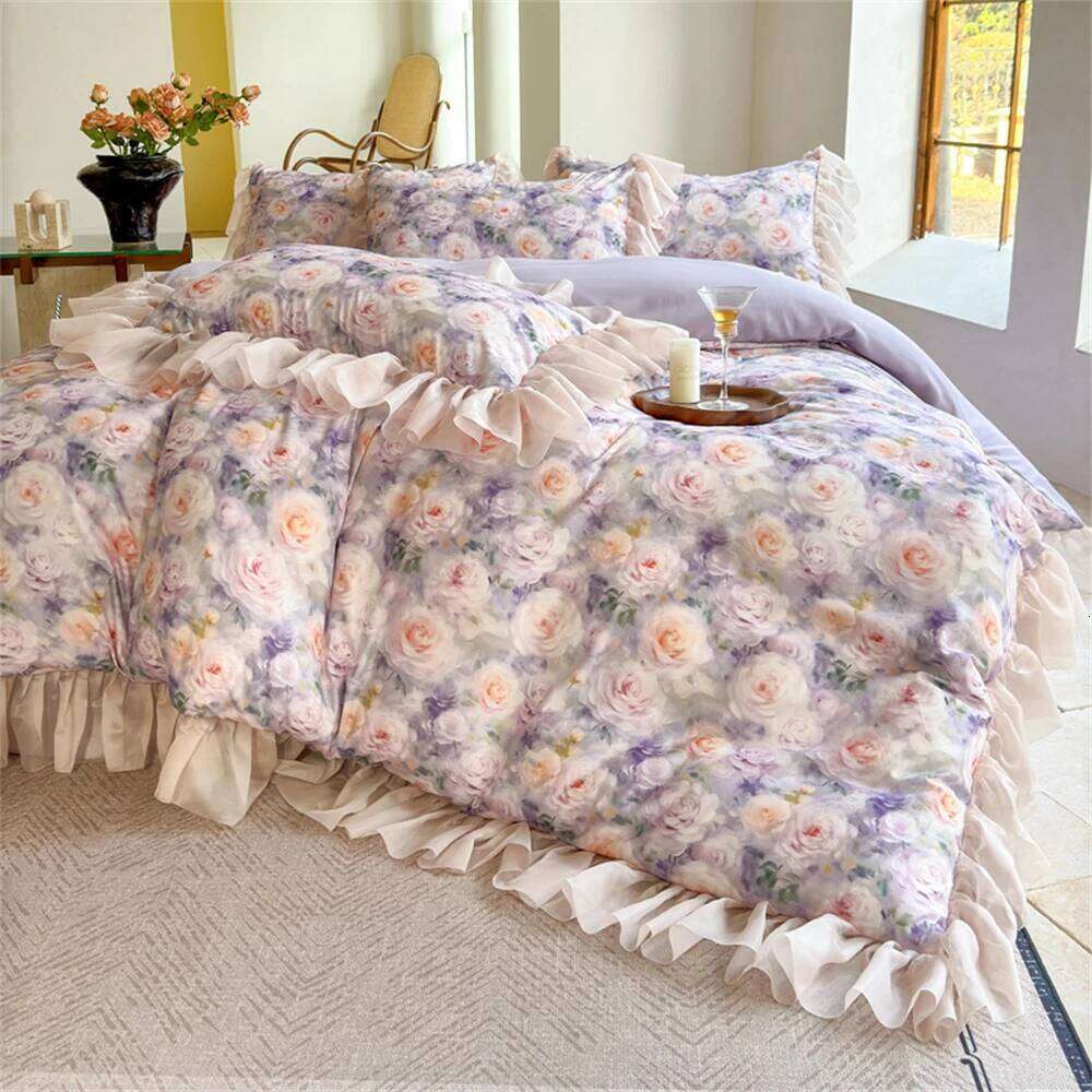 Pink Flower Bedding Soft Luxury Bedroom Decor Comforter Ruffles Duvet Cover Pillowcase Bed Sheet Cotton Four Pieces Set XJ260206