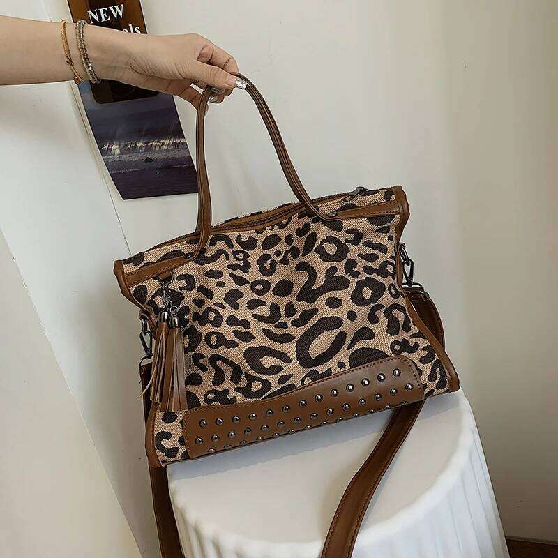Fashion Leopard Pattern Shoulder For Women 2022 Retro Rivet Handbags Designer Leather Ladies Crossbody Bag Large Canvas Tote Y260205